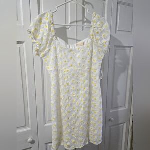 Alter'D State NWT White And Yellow Daisy Lace Puff Capsleeve Dress Size Large
